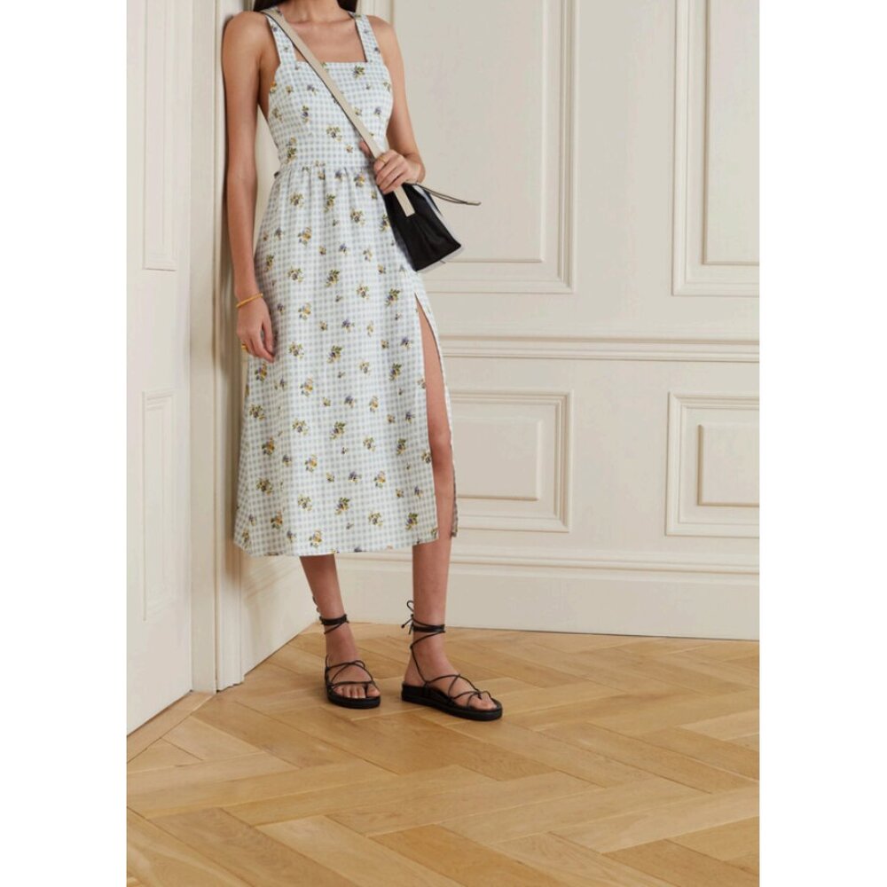 Reformation Elara Floral-Print Gingham Linen Midi Dress White/Blue Sz 4